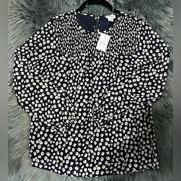 J. Crew Long Sleeve Floral Blouse - NEW Size 00 | Color: Navy Blue - Picture 1 of 4